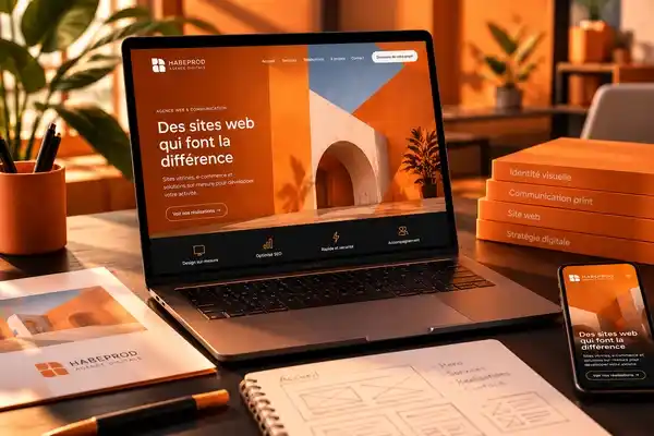 Site web Habeprod Des sites web qui font la différence affiché sur ordinateur portable et smartphone, à côté d'un carnet de maquettes filaires sur un bureau