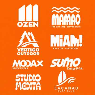 Logos vectorisés blancs sur fond orange : Ozen, Mamao The Surf Shop Biarritz Beach, Vertigo Outdoor, Miam! French Fastfood, Modax Streetwear, Sumo Energy Drink, Studio Medita et Lacanau Surf Club