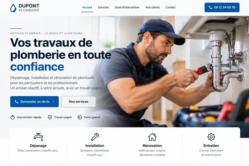 Exemple de site vitrine pour Dupont Plomberie, artisan plombier au Mans : page d'accueil avec bouton Demander un devis et services de dépannage, installation, rénovation et entretien