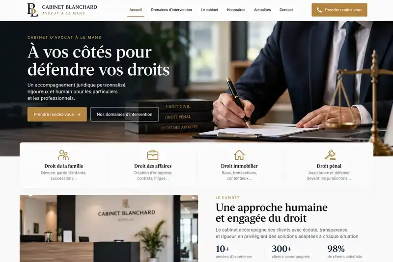 Exemple de site pour le Cabinet Blanchard, avocat au Mans : page d'accueil avec bouton Prendre rendez-vous et domaines d'intervention droit de la famille, des affaires, immobilier et pénal