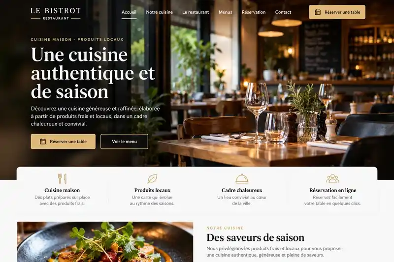Exemple de site pour Le Bistrot, restaurant : page d'accueil Une cuisine authentique et de saison avec boutons Réserver une table et Voir le menu