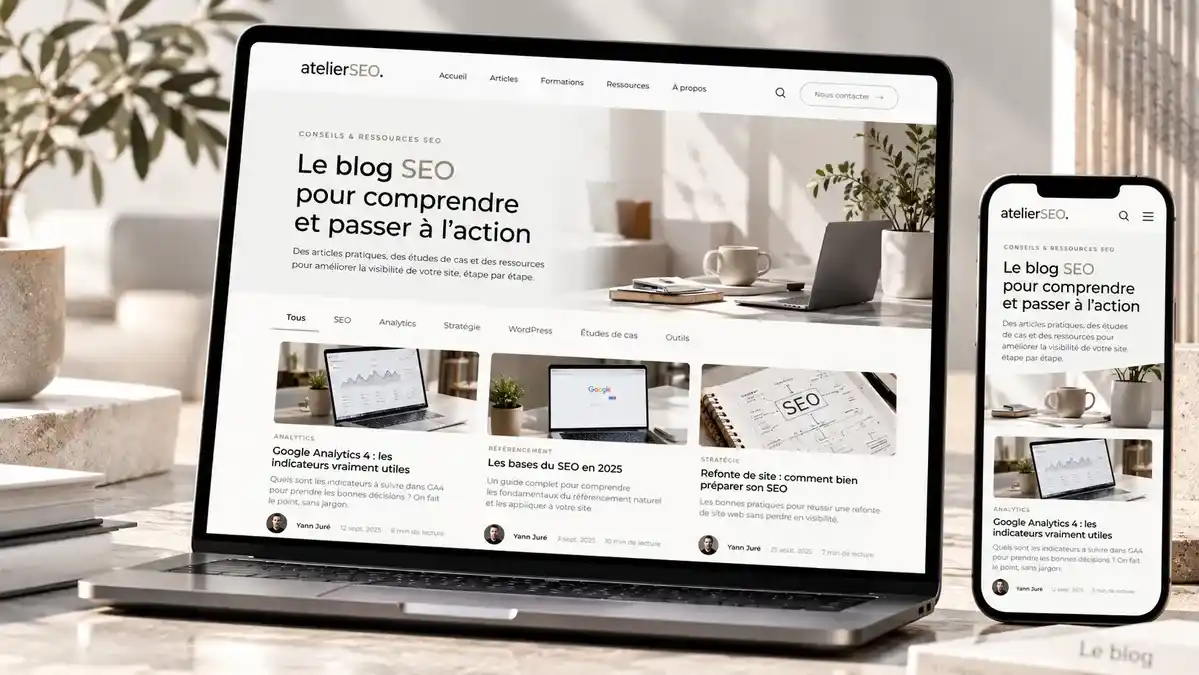 Blog de l'Atelier SEO sur ordinateur portable et smartphone : titre Le blog SEO pour comprendre et passer à l'action et articles sur Google Analytics 4 et les bases du SEO