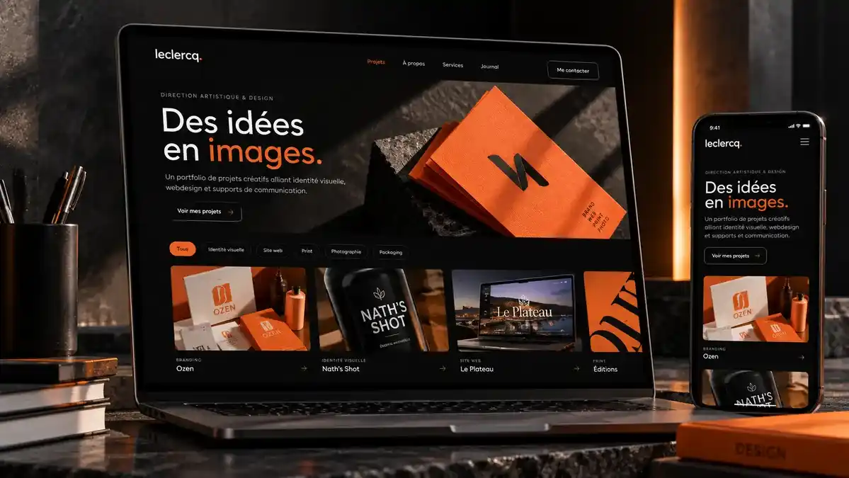 Portfolio créatif leclercq. sur ordinateur portable et smartphone : titre Des idées en images et galerie de projets Ozen, Nath's Shot et Le Plateau