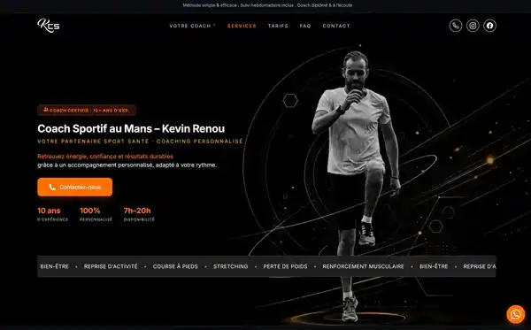 Page d'accueil du site de Kevin Renou : coach sportif en noir et blanc en pleine course sur fond sombre, Coach Sportif au Mans